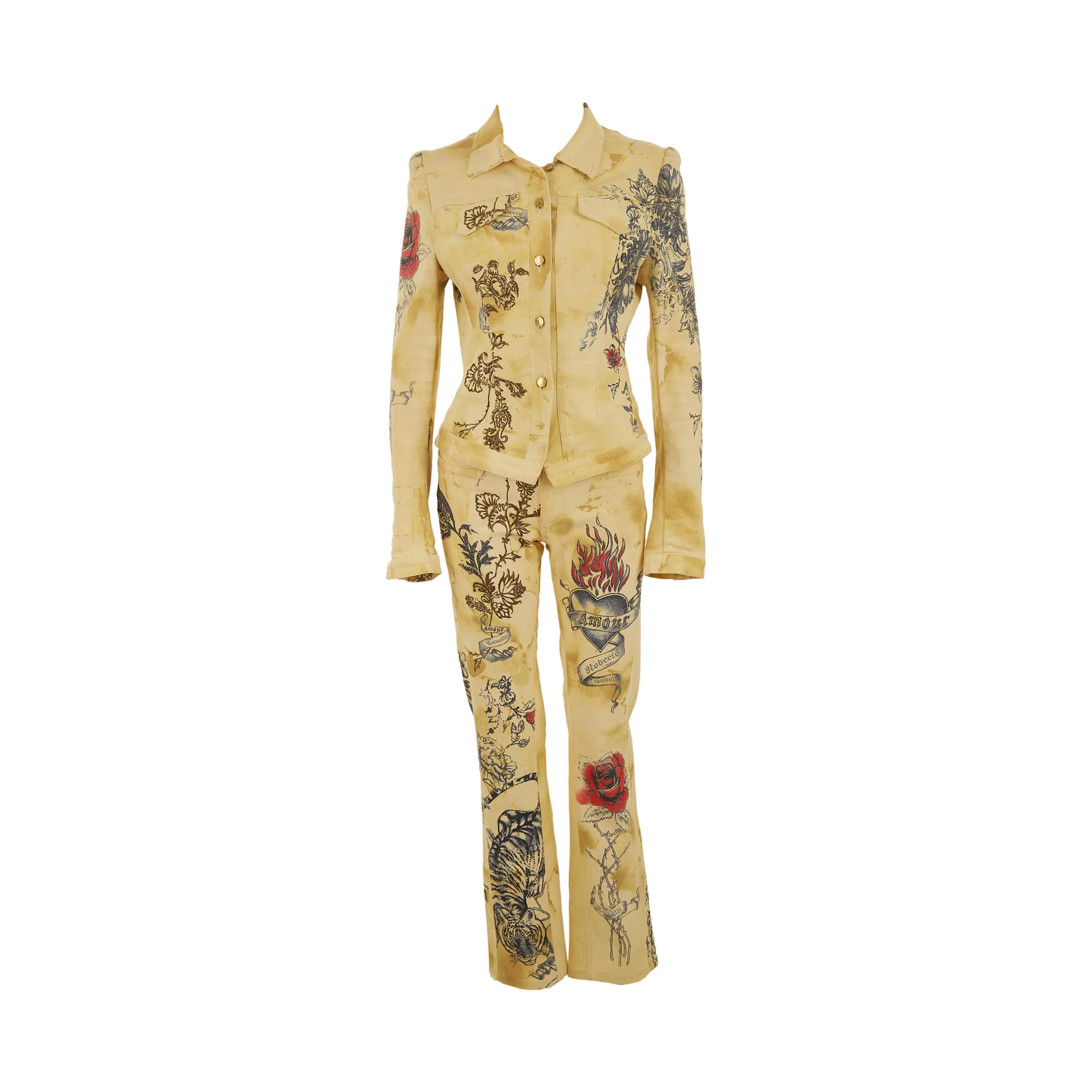 Roberto Cavalli Tattoo Print Denim Set